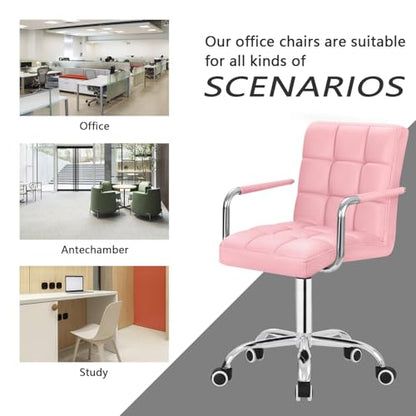JUMMICO Modern Office & Vanity Desk Chair - Mid-Back Rolling Chair with Wheels, PU Leather, Cute for Office, Teen & Bedroom Desks (Pink) - color: Pink
