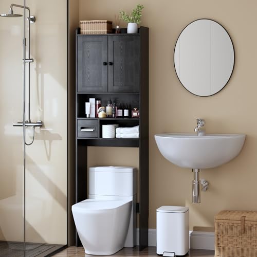 Over the Toilet Storage Cabinet,Tall Slim Bathroom Organizer with Doors, Adjustable Shelves & Built-in Toilet Paper Holder, Space-Saving Above Toilet Cabinet for Small Bathrooms(Black) - color: Black