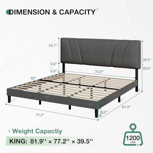 Novilla King Bed Frame and Headboard, Linen Upholstered King Size Bed Frame with Wood Slats Support, No Box Spring Needed, Heavy Duty Feet, Easy Assembly, Grey - color: Grey, size: King