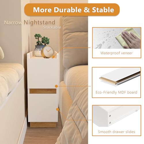 Narrow Night Stands, Modern Slim Nightstand Set of 2, Wooden Skinny Bedside Table 2 Drawers, Stackable Narrow Side Table with Drawers for Small Spaces, Bedroom, Living Room, White - color: White (2pcs)