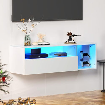 sogesfurniture 39.3'' TV Stand, Floating Entertainment Center with Lights, Modern Media Console with Storage, Wall Mounted LED TV Stand for Living Room, White - size: 39.3''-White