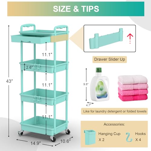 Goovilla 4 Tier Rolling Utility Cart Organizer with Removable Drawer, Blue | Stable and Sturdy Rolling Storage Carts with 2 Lockable Wheels for Bathroom, Kitchen, Snack, Craft, Makeup, Baby Essentials - size: 4 Tier, style: Blue