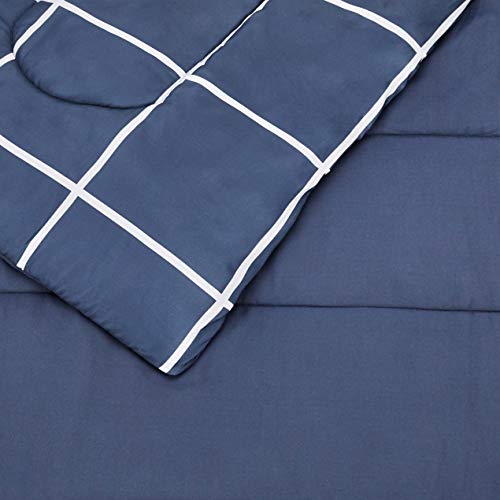 Amazon Basics Lightweight Microfiber Comforter Set with Sheets, 7-Piece, Bed-In-A-Bag, Full/Queen, Navy with Grey Plaid, Machine Washable - color: Navy and Grey Plaid, size: Full/Queen, style: 1-Pack