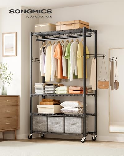 SONGMICS Heavy-Duty Rolling Clothes Rack, Garment Rack, Portable Closet on Wheels, with Adjustable Mesh Shelves and Hanging Rails, Hooks, 15.8 x 35.4 x 78.3 Inches, Ink Black ULGR418BH01 - size: 35.4"W-With Storage Shelves