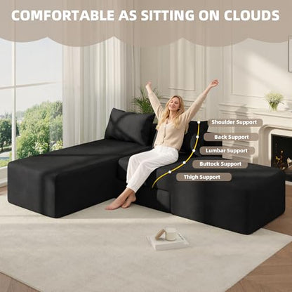 Boneless Sectional Couch, 4 in 1 Convertible Cloud Couch with Reversible Chaise & Deep Seat, Modular Sectional Sofa for Apartment, No Assembly Chenille Foam Couch in a Box, Black - color: Black, size: 89" Convertible Chaise Chenille