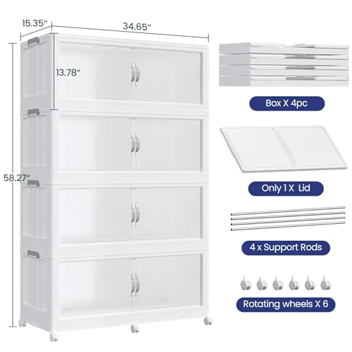 240GAL Plastic Storage Bins with Lid, 960QT Extra Large Stackable Closet Organizers and Storage, Collapsible Storage Boxes with Wheels, Folding Cabinet for Home Kitchen Office, 4Pack White - color: White, size: 60Gal-4Pack