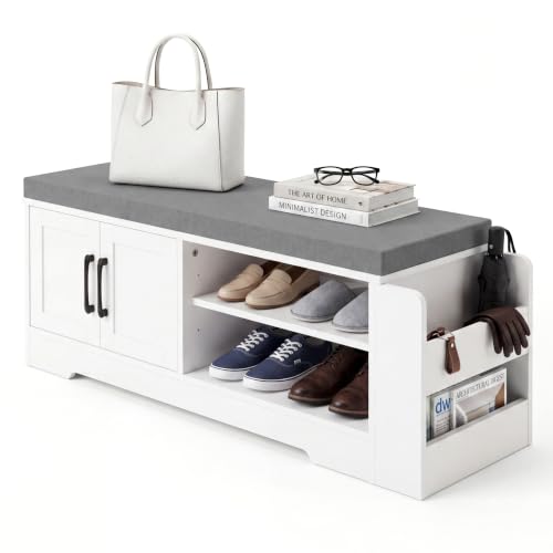 Farmhouse Shoe Storage Bench with 3-in-1 Entryway Storage & Padded Seat | 39.6" Wide Entryway Bench with Adjustable Shelves, Shoe Organizer & Side Storage Rack for Living Room, Bedroom, White - size: 39.6" Wide
