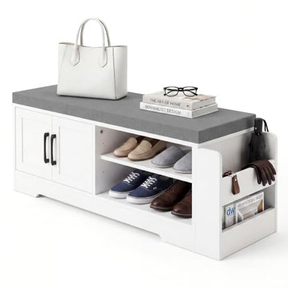 Farmhouse Shoe Storage Bench with 3-in-1 Entryway Storage & Padded Seat | 39.6" Wide Entryway Bench with Adjustable Shelves, Shoe Organizer & Side Storage Rack for Living Room, Bedroom, White - size: 39.6" Wide