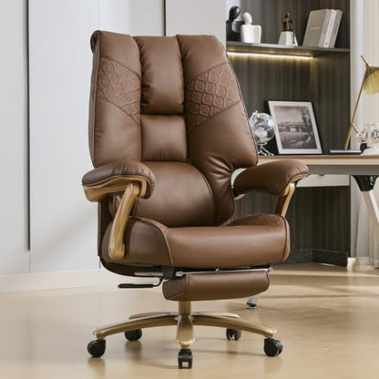 EXCEBET Big and Tall Executive Office Chair with Footrest, 400LBS Capacity Ergonomic High-Back Desk Office Chair with Lumbar Support, Padded Armrests & Thick Cushion, Brown PU Leather Chairs - color: Brown
