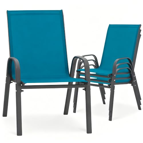 24.4" Wide Outdoor Patio Stackable Chairs Set of 4, Blue | Stacking Patio Chairs with Textilene Fabric, Outside Furniture for Garden Backyard Balconie Poolside Deck - color: 4 Blue Chairs
