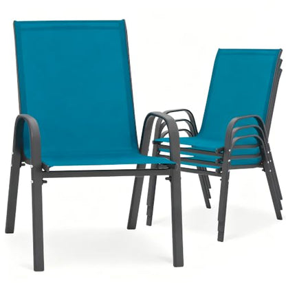 24.4" Wide Outdoor Patio Stackable Chairs Set of 4, Blue | Stacking Patio Chairs with Textilene Fabric, Outside Furniture for Garden Backyard Balconie Poolside Deck - color: 4 Blue Chairs