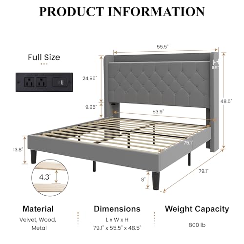 SHA CERLIN Full Size Platform Bed Frame with Charging Station, Velvet Wingback Headboard with Storage Shelf, Wooden Slats Support, Ample Under-Bed Space, No Box Spring Needed, Easy Assembly, Grey - color: Grey, size: Full