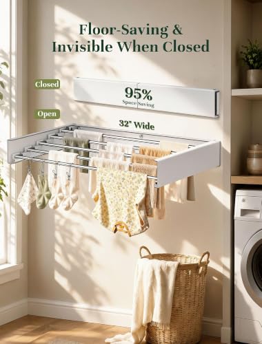 32'' Wall Mounted Clothes Drying Rack, Foldable & Collapsible Wall Mount Laundry Rack w/ 5 Thickened Rods & 4 Hooks, Space Saver Hanging Drying Rack Clothing for Laundry Room Bathroom Indoor