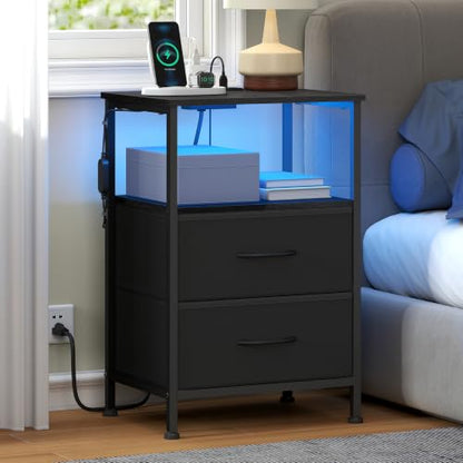 SONGMICS BELLAH Collection - Nightstand with Charging Station and App-Controlled Adjustable LED Lights, Bed Side Table, 2 Drawers and 1 Open Shelf, Modern, Ink Black and Ebony Black ULGS302BH01S - color: Ink Black + Ebony Black, size: 2 Drawers
