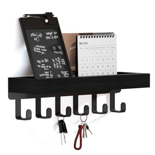 SWTYMIKI Key Holder Wall Mount - Wooden Key Hooks for Wall with Mail Organizer & 6 Hooks, 2 Installation Ways Key Hanger, Key Rack with Shelf for Entryway Living Room Bedroom Office Home Decor Black - color: Black