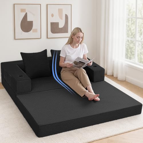 COMAX Futon Sofa Bed, Convertible Sofa Bed, Folding Boneless Couches | Low-Profile Boneless Couch for Living Room, 11.8" H Low Seat Small 59" Foldable Floor Sleeper Mattress Lounge Space‑Saving - color: Black, size: 59"