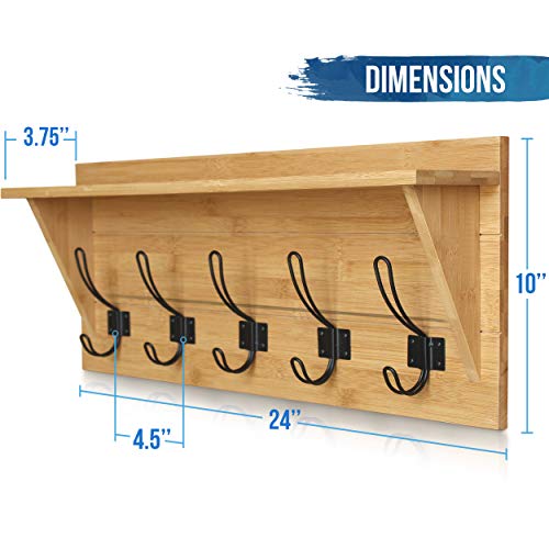 HBCY Creations Rustic Wall Mounted Coat Rack with Shelf - Solid Wood 24" Entryway Shelf with 5 Coat Hangers. Perfect Touch for Your Entryway, Mudroom, Kitchen, Bathroom and More, Bamboo - color: 4- Bamboo
