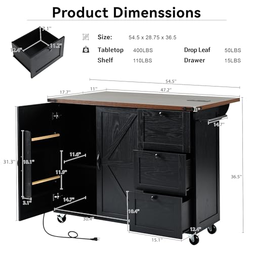 Kitchen Island, Rolling Kitchen Cart with Power Outlet | Built-in power outlet, 2 AC outlets and 2 USB ports, easy charging for coffee maker, juicer, toaster, or devices - color: Black + Particle Board+mdf