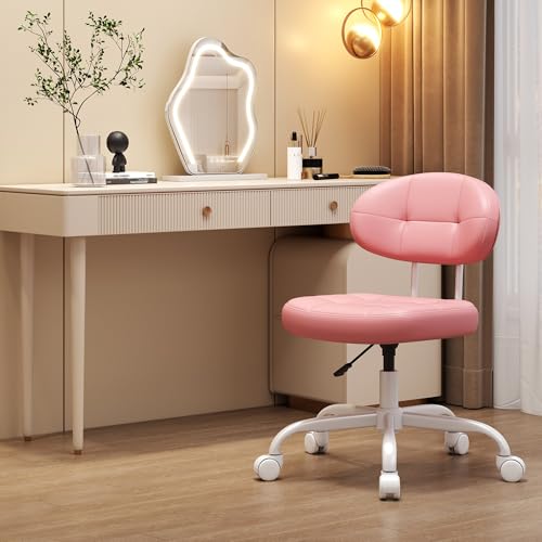 Misolant Vanity Chair with Back, Small Armless Cute Office Chair with Wheels and Lumbar Support, Comfy PU Leather Desk Computer Chairs with Adjustable Height, 360°Swivel for Home Bedroom Office, Pink - color: Pink