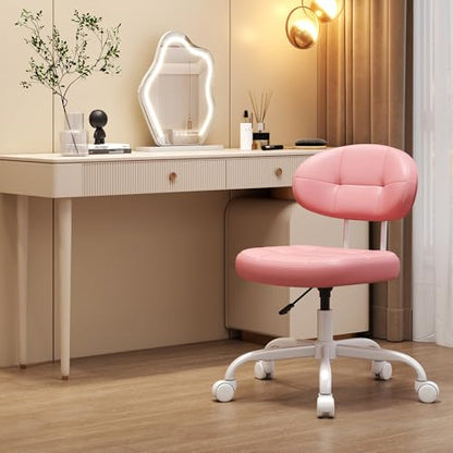 Misolant Vanity Chair with Back, Small Armless Cute Office Chair with Wheels and Lumbar Support, Comfy PU Leather Desk Computer Chairs with Adjustable Height, 360°Swivel for Home Bedroom Office, Pink - color: Pink