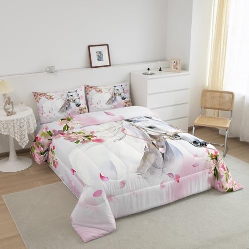 Feelyou White Horse Comforter Set Girls Chic Pink Floral Flowers Bedding Set Watercolor Wild Animal Design Comforter for Children Teens Bedroom Decor Wildlife Duvet Set Twin Size with 1 Pillow Case - color: Multi 016, size: Twin