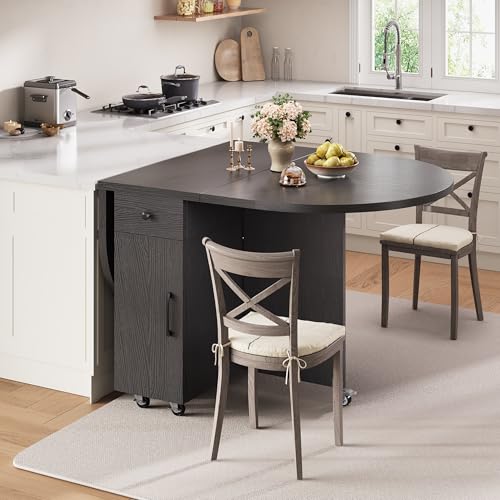 Jocoevol Round Folding Dining Table for 6, Space Saving Drop Leaf Kitchen Table with Storage Drawer, 6 Wheels Oval Gateleg Foldable Dining Table for Small Spaces (Black, 51" x 31.5" x 30") - color: Black
