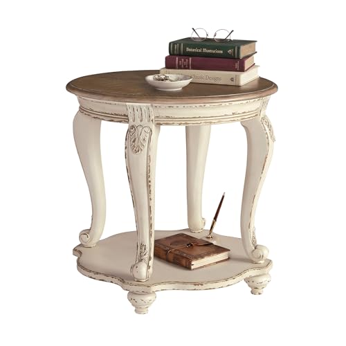 Signature Design by Ashley Realyn Round End Table, French Country, White | Ash veneer & engineered wood, Cast resin corbels, Fixed lower shelf, French country side table, White end table