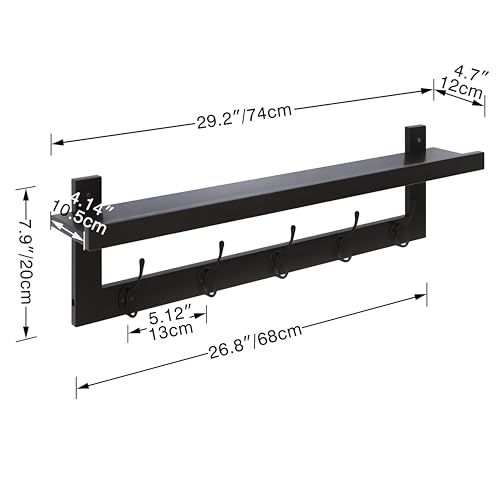SMIBUY Coat Hooks with Shelf Wall-Mounted, 29.2 Inch Entryway Coat Rack for Wall, Bamboo Hanging Shelf with 5 Double Metal Hooks for Bathroom, Bedroom, Kitchen, Living Room, Mudroom (Black) - color: Black