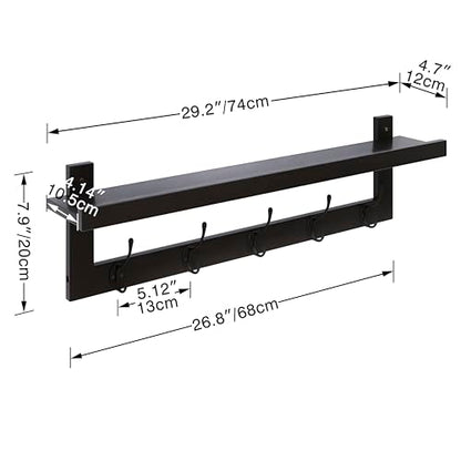 SMIBUY Coat Hooks with Shelf Wall-Mounted, 29.2 Inch Entryway Coat Rack for Wall, Bamboo Hanging Shelf with 5 Double Metal Hooks for Bathroom, Bedroom, Kitchen, Living Room, Mudroom (Black) - color: Black