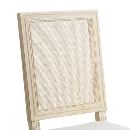 Kmax Farmhouse Dining Room Chairs, Fabric French Distressed Bedroom Chairs with Rectangle Rattan Back, Elegant Tufted Kitchen Chairs, Set of 2, Light Grey - color: White Wash/Rattan Light Grey, size: 2 Chairs