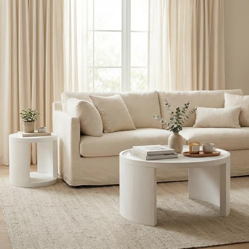 Round Nesting Coffee Table Set of 2, 31.5 and 18 in, White | White nesting coffee table, round tables for living room, space-saving center table - color: White
