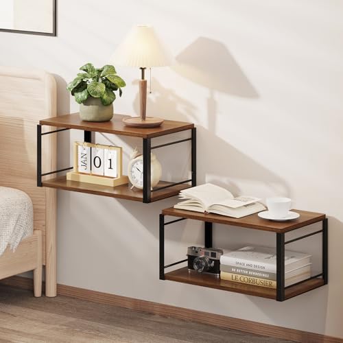 Floating Nightstand Wall Shelf, Wood Bedside Shelf Wall Mounted Nightstand Set of 2, Floating Bedside Table for Bedroom, Living Room, Bathroom, Kitchen, Office (Vintage Brown) - color: Vintage Brown-2
