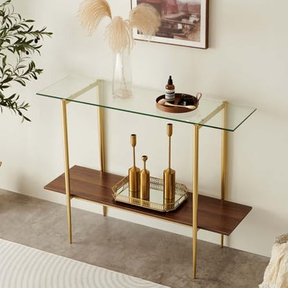 LumFurn Glass Console Table for Living Room, Foyer & Entrance, 2-Tiers Mid-Century Modern Sofa Table with Clear Glass Top, Walnut Finish Wood Top and Gold Finish Metal Frame - color: L40.9" Clear & Walnut