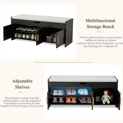Shoe Bench, Storage Bench with Lift Top Storage, Entryway Bench with Cushioned Seat, Adjustable Shelf for Living Room, Bedroom, Hallway, Black - color: Black