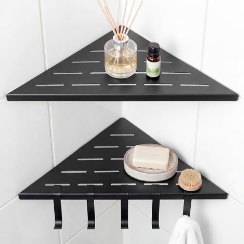2 Pack 10'' Corner Shower Shelf with Hooks Sturdy 304 Stainless Steel, Space Saving Design Recessed Tile Shower Shelf for Inside, Tiled Walls, Bathroom Organization (Black) - color: Black