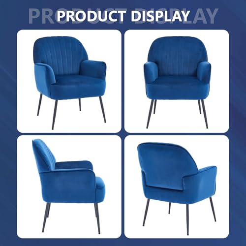GDFStudio 25" Velvet Accent Chair with Arms and Back, Modern Shell-Shaped Upholstered Barrel Chairs, Small Comfy Reading Chair Lounge Chairs with Solid Legs for Living Room Bedroom Office Cafe, Blue - color: Blue