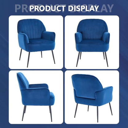 GDFStudio 25" Velvet Accent Chair with Arms and Back, Modern Shell-Shaped Upholstered Barrel Chairs, Small Comfy Reading Chair Lounge Chairs with Solid Legs for Living Room Bedroom Office Cafe, Blue - color: Blue