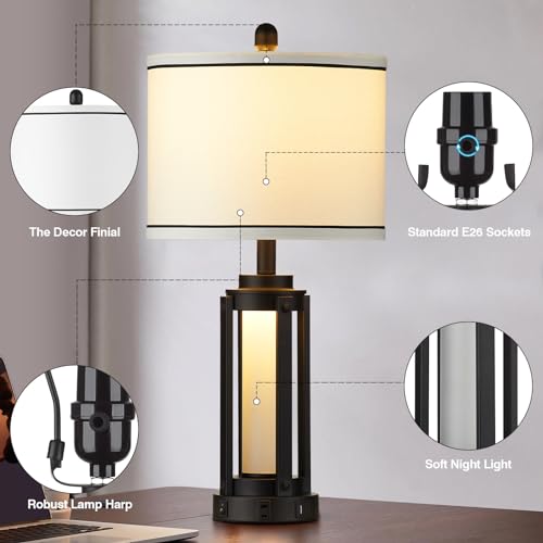 Industrial Table Lamps Set of 2, Modern Beside Lamp with USB A+C Charging Ports & AC Outlet, Rustic Nightstand Lamp with LED Night Light for Living Room Bedroom End Table Entryway Black Bulbs Included - color: Black-4