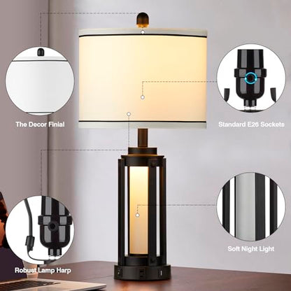 Industrial Table Lamps Set of 2, Modern Beside Lamp with USB A+C Charging Ports & AC Outlet, Rustic Nightstand Lamp with LED Night Light for Living Room Bedroom End Table Entryway Black Bulbs Included - color: Black-4