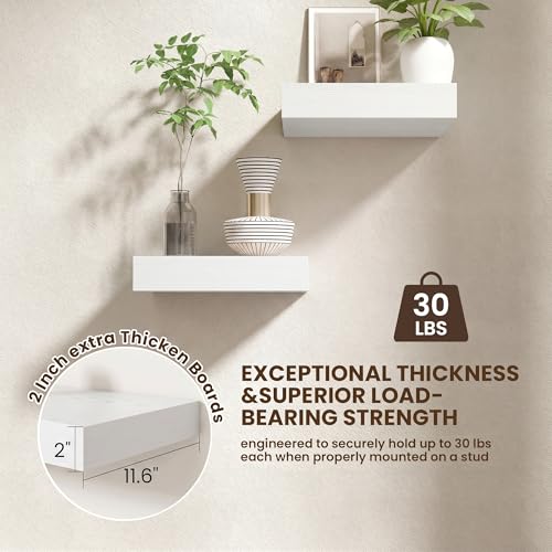 12 Inch Deep Floating Shelves, 12'' x 12'' White Shelves Set of 2 | Invisible Brackets, Engineered Wood, Mounting Hardware Included, 30LBS, Bathroom, Laundry Room, Kitchen, Living Room - color: White, size: 12W x 11.6D x 2H, 2 Pack