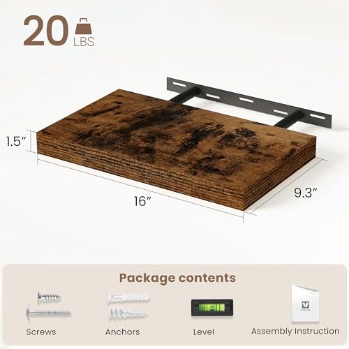 Vivelove Floating Shelves 9 inch Deep 16”Long Set of 2, Rustic Brown | Easy Install With Hardware, 1.5" Thick, Invisible Brackets, Wall Mounted, No Sagging, For Any Room - color: Rustic Brown, size: 16”wx9.3”dx1.5”h