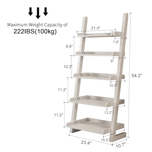 AQIMUELE White Wooden Ladder Shelf with Edges, 5-Tier Modern Leaning Bookshelf Ladder – Stylish Space-Saving Bookcase for Living Room, Bedroom & Home Office - color: White