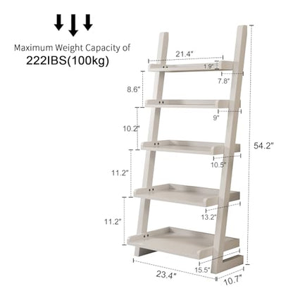 AQIMUELE White Wooden Ladder Shelf with Edges, 5-Tier Modern Leaning Bookshelf Ladder – Stylish Space-Saving Bookcase for Living Room, Bedroom & Home Office - color: White
