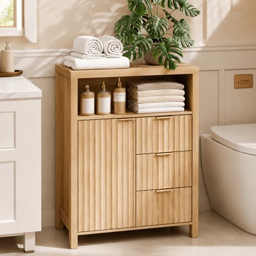 VINGLI Bathroom Storage Cabinet with 3 Drawers & Door, Slim Freestanding Floor Cabinet Organizer for Small Spaces, 30mm Thick-Look Top & Legs, Adjustable Shelf, Modern Fluted Cabinet, Natural Oak - color: Natural Oak, size: 23.3"W Small Floor Cabinet