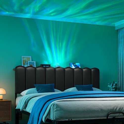 Queen Aurora Light Headboard with Storage Shelf, Black | Aurora ceiling projector, scalloped tufted design, USB-A & Type-C ports, storage shelf, adjustable height, foam padded - color: Black-with Aurora Light, size: Queen
