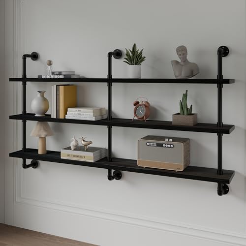 HDDFER Industrial Pipe Shelving Rustic Black Pipe Wall Shelves Industrial Shelves with Wood Planks Floating Shelves 60 Inch Farmhouse Bathroom,Kitchen Shelving Wall Mounted - color: Black, size: 3Tier60in
