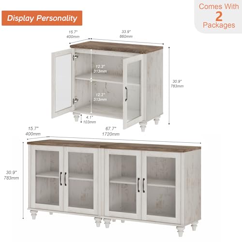 WAMPAT Farmhouse TV Stand for TVs Up to 75 inch, Glass Wooden Universal TV Stand with 2 Storage Cabinets, Entertainment Center, Console Table for Living Room, Bedroom, Rustic White - color: Rustic White-a, size: 2