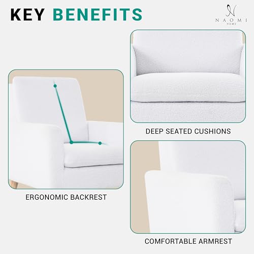 Naomi Home Frida Fleece Minimalist Accent Chair, White | Thick Cushions, Ergonomic Backrest, Solid Oak Legs, Cozy Reading Chair, Modern Living Room Seating - color: White, style: Classic