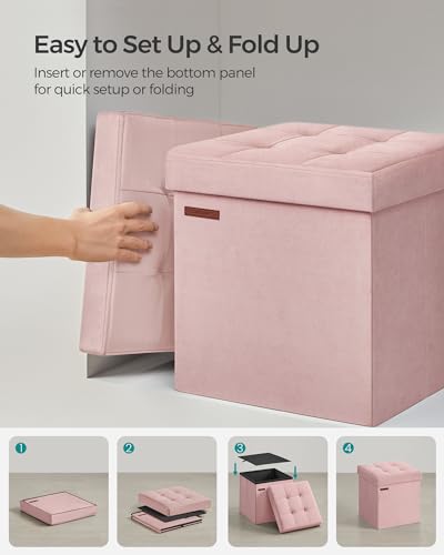 SONGMICS Small Storage Ottoman, Folding Ottoman Cube, 15 x 15 x 15 Inches, Footstool, Footrest, 11 Gal. (43 L), Velvet Surface, for Bedroom, Living Room, Dorm, Jelly Pink ULSF227R01 - color: Jelly Pink