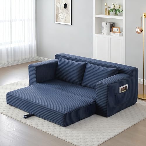 73" Corduroy Cloud Loveseat Sofa, 2-in-1 Convertible Sleeper Sofa Bed with Memory Foam, No-Assembly Sofa-in-a-Box for Small Spaces Living Room/Apartment/Office (Blue) | Corduroy - color: Blue